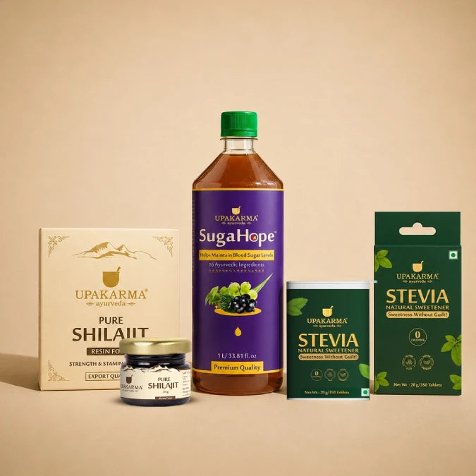Upakarma Blood Sugar Management Combo Pack | SugaHope Juice + Pure Shilajit Resin + Stevia Tablets