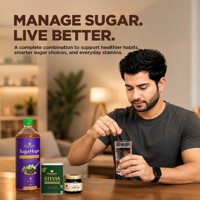 Upakarma Blood Sugar Management Combo Pack | SugaHope Juice + Pure Shilajit Resin + Stevia Tablets