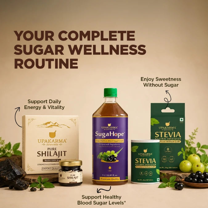 Upakarma Blood Sugar Management Combo Pack | SugaHope Juice + Pure Shilajit Resin + Stevia Tablets