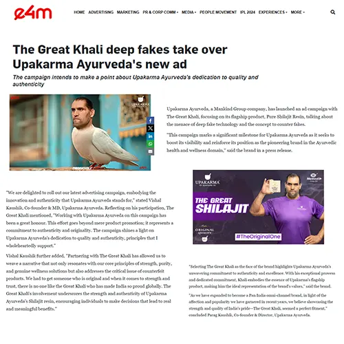 Upakarma Ayurveda featured in Exchange4media